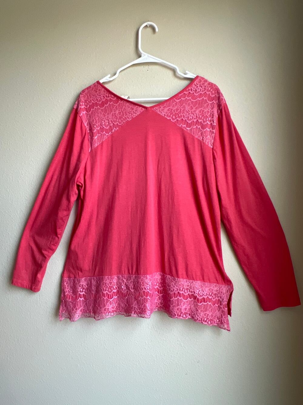 Chicos Pink Cotton Modal Lace Trim Long Sleeve Top Shirt Blouse Size 3 Plus XL